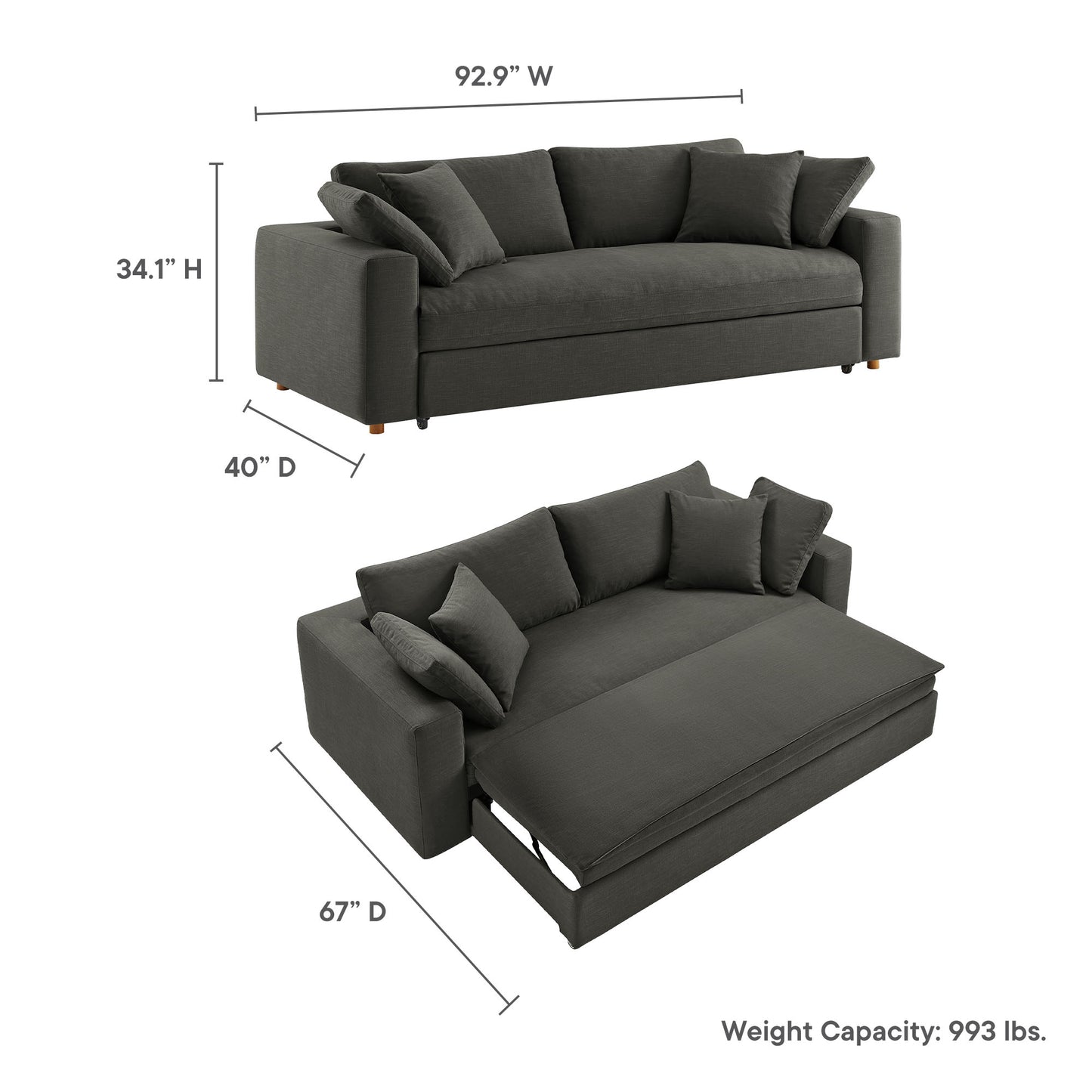 Gray fabric sofa with cushions and pull-out bed; 92.9W x 34.1H x 40D; extends to 67D; 993 lbs cap.