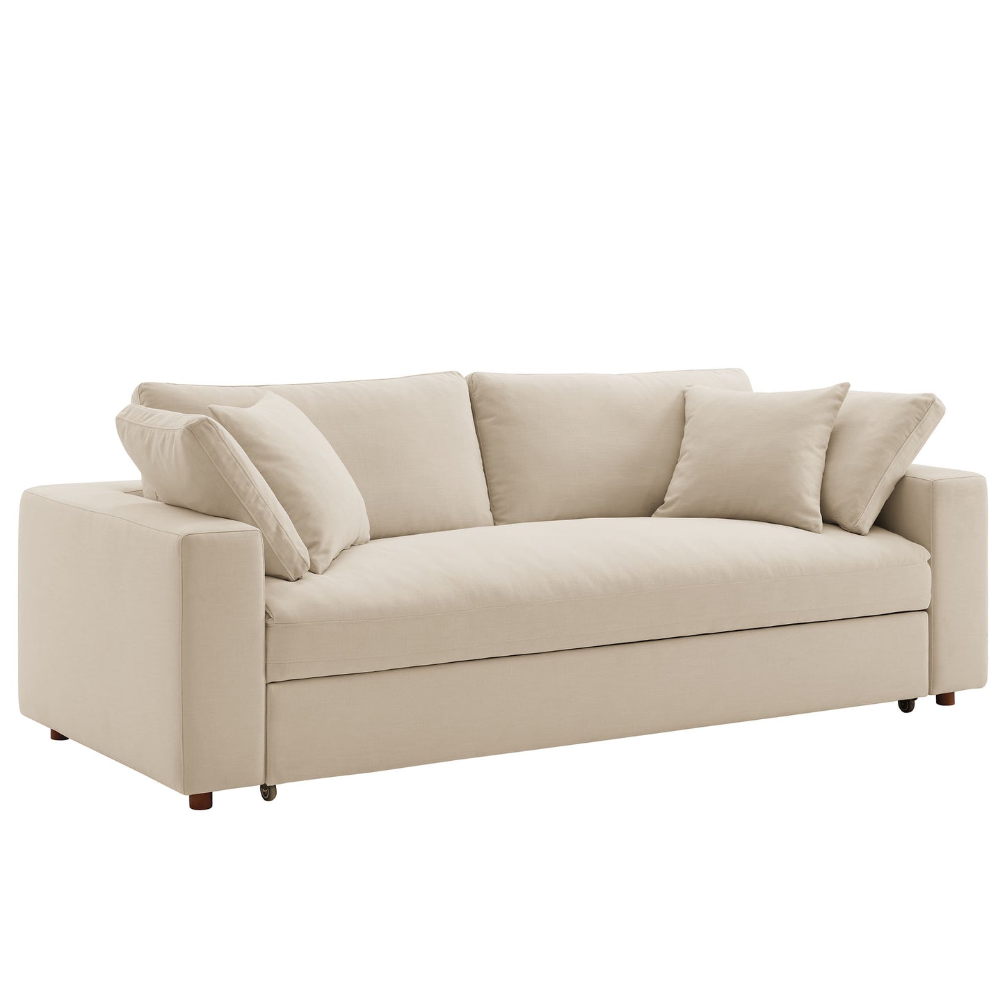 Brown fabric sleeper sofa with square arms, three back cushions and two throw pillows; contemporary three-seater.