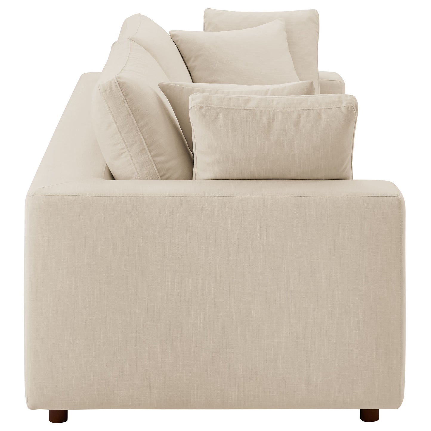 Brown fabric sleeper sofa with down-filled, overstuffed cushions and rectangular arms; modern living-room seating.