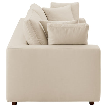 Brown fabric sleeper sofa with down-filled, overstuffed cushions and rectangular arms; modern living-room seating.