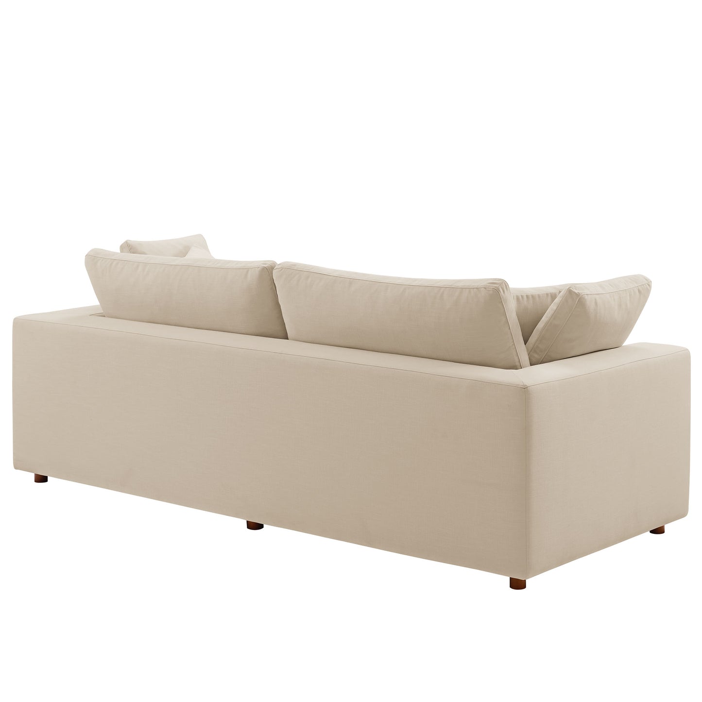 Brown fabric sleeper sofa with clean lines, rectangular arms, three back cushions and wooden legs.