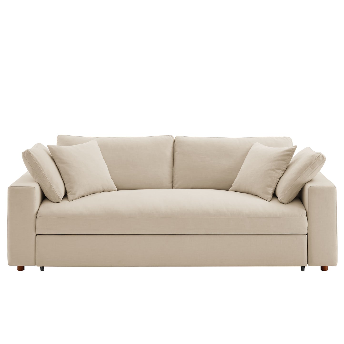 Brown fabric sleeper sofa with square arms, down-filled overstuffed cushions, and two matching throw pillows.
