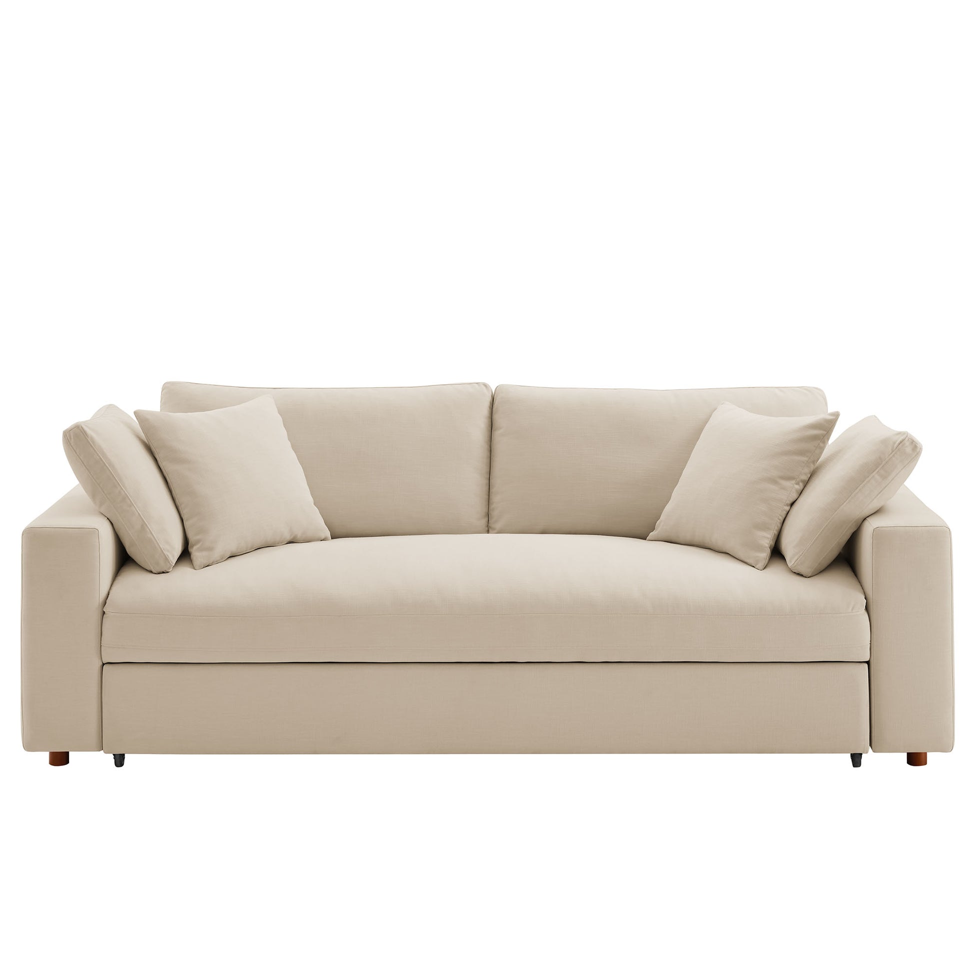 Brown fabric sleeper sofa with square arms, down-filled overstuffed cushions, and two matching throw pillows.