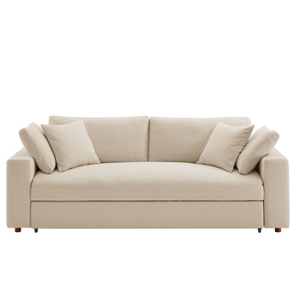 Brown fabric sleeper sofa with square arms, down-filled overstuffed cushions, and two matching throw pillows.