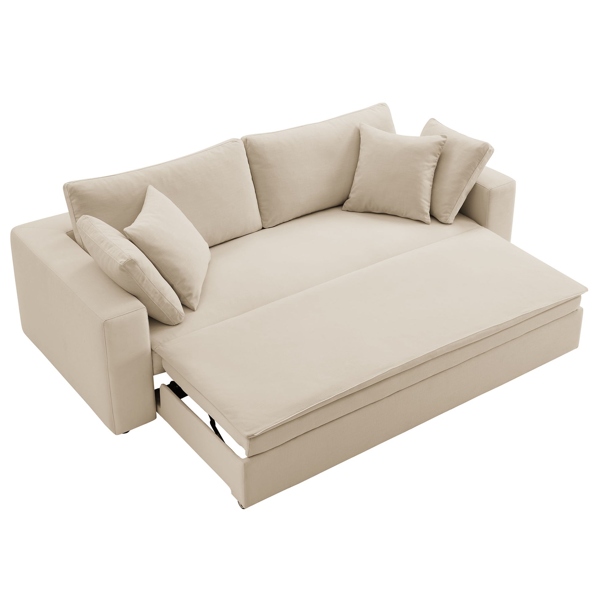 Brown fabric sleeper sofa with pull-out bed extension and three back cushions.