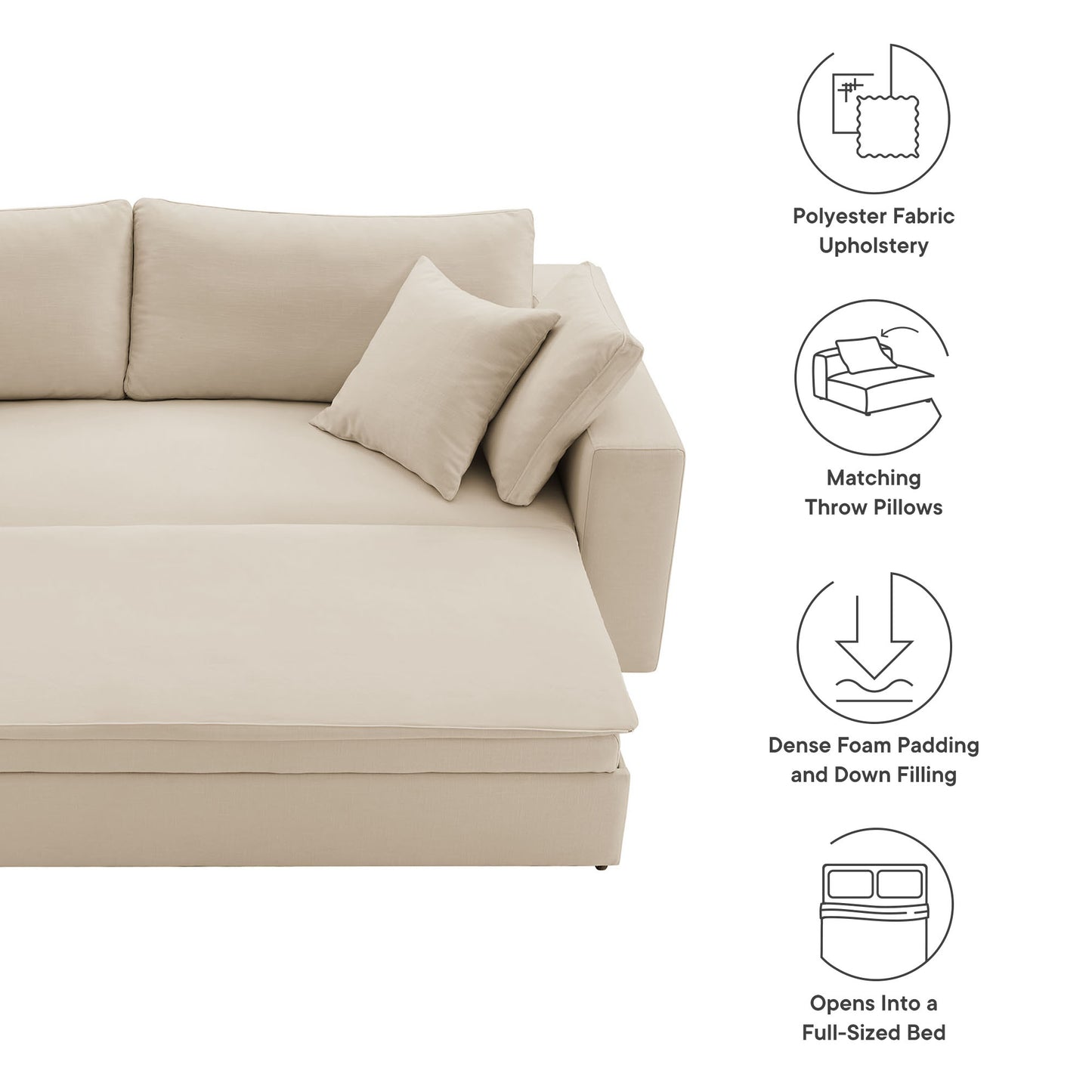Brown fabric sleeper sofa bed with matching throw pillows; modern, cozy style that opens into a full-sized bed.