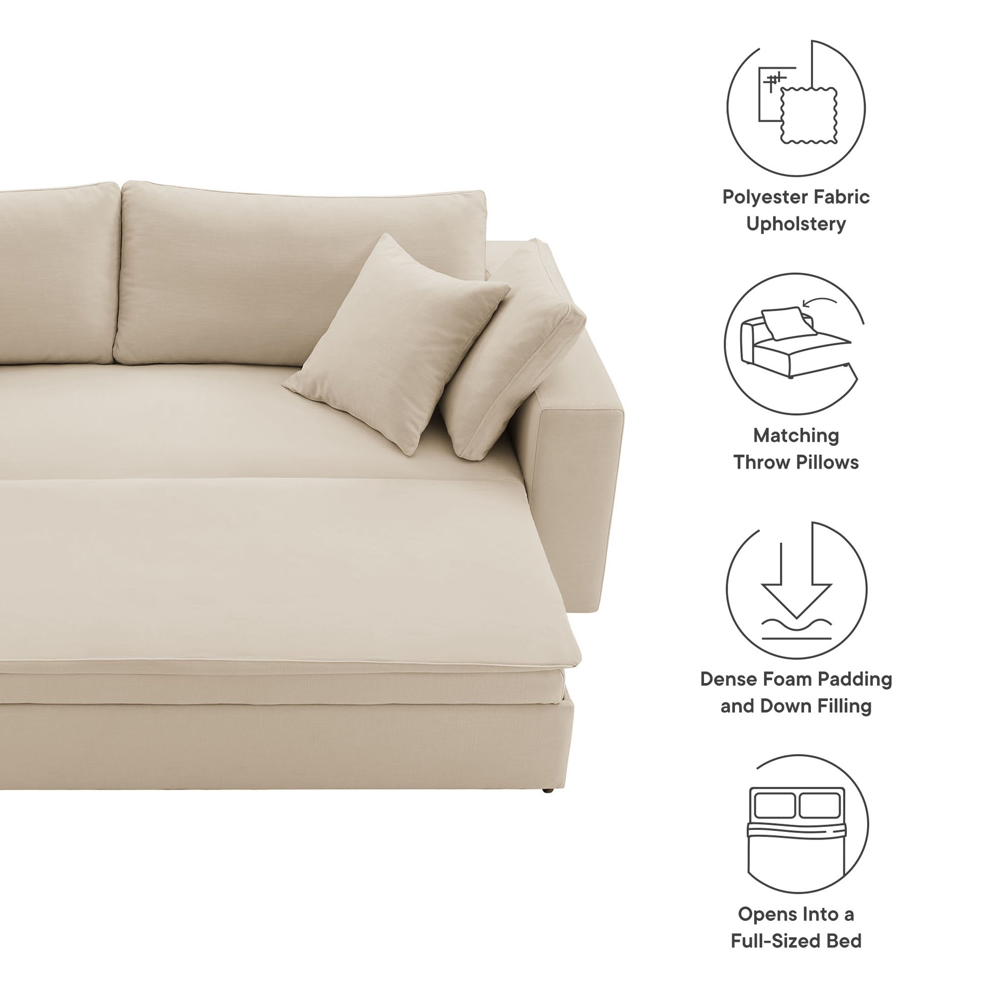 Brown fabric sleeper sofa bed with matching throw pillows; modern, cozy style that opens into a full-sized bed.