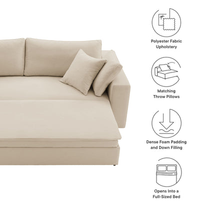 Brown fabric sleeper sofa bed with matching throw pillows; modern, cozy style that opens into a full-sized bed.