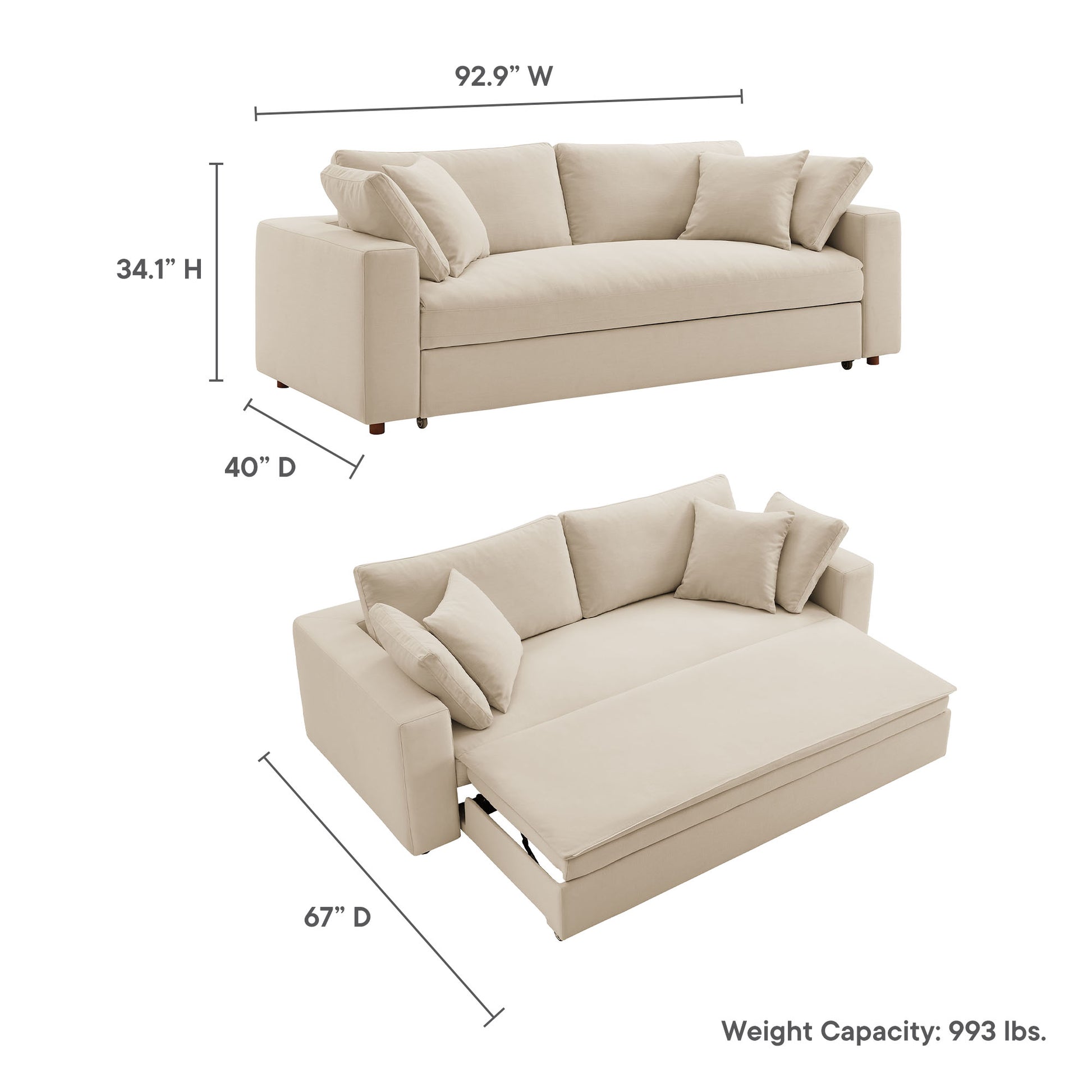 Brown fabric sleeper sofa with plush cushions; converts to a bed in a modern style, 92.9W x 34.1H x 40D, bed depth 67D.