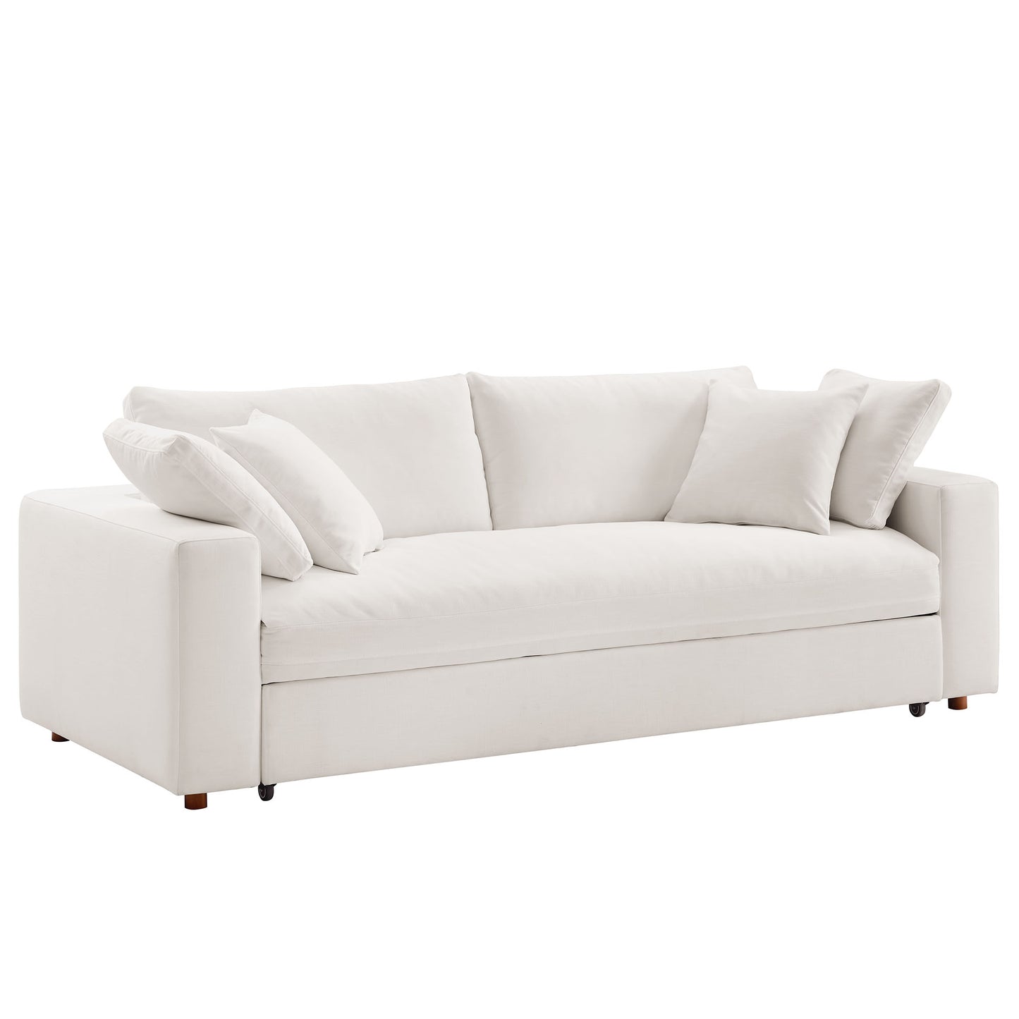 White fabric sofa with square arms, three-seat cushions, throw pillows, wooden feet - modern living room sofa