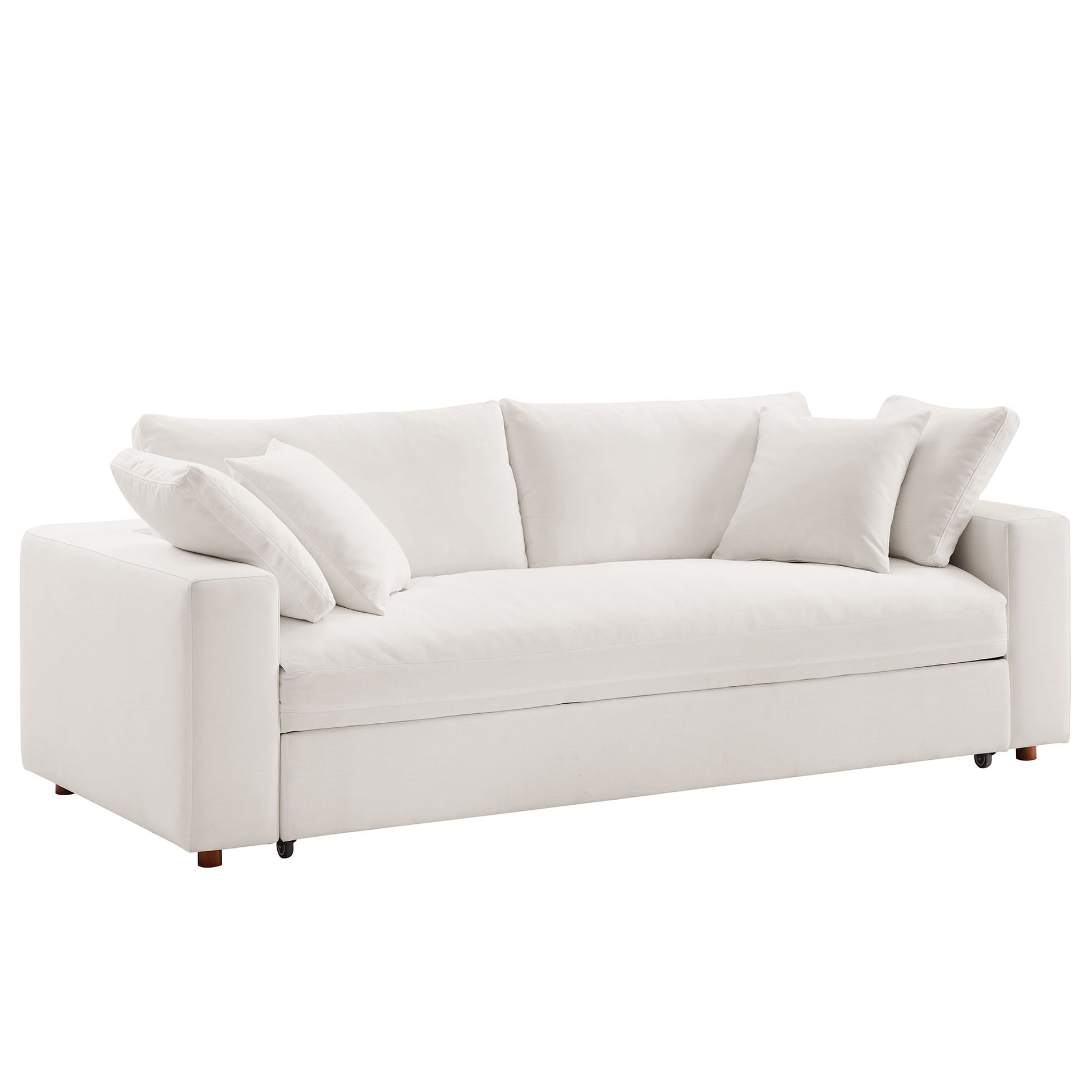 White fabric sofa with square arms, three-seat cushions, throw pillows, wooden feet - modern living room sofa