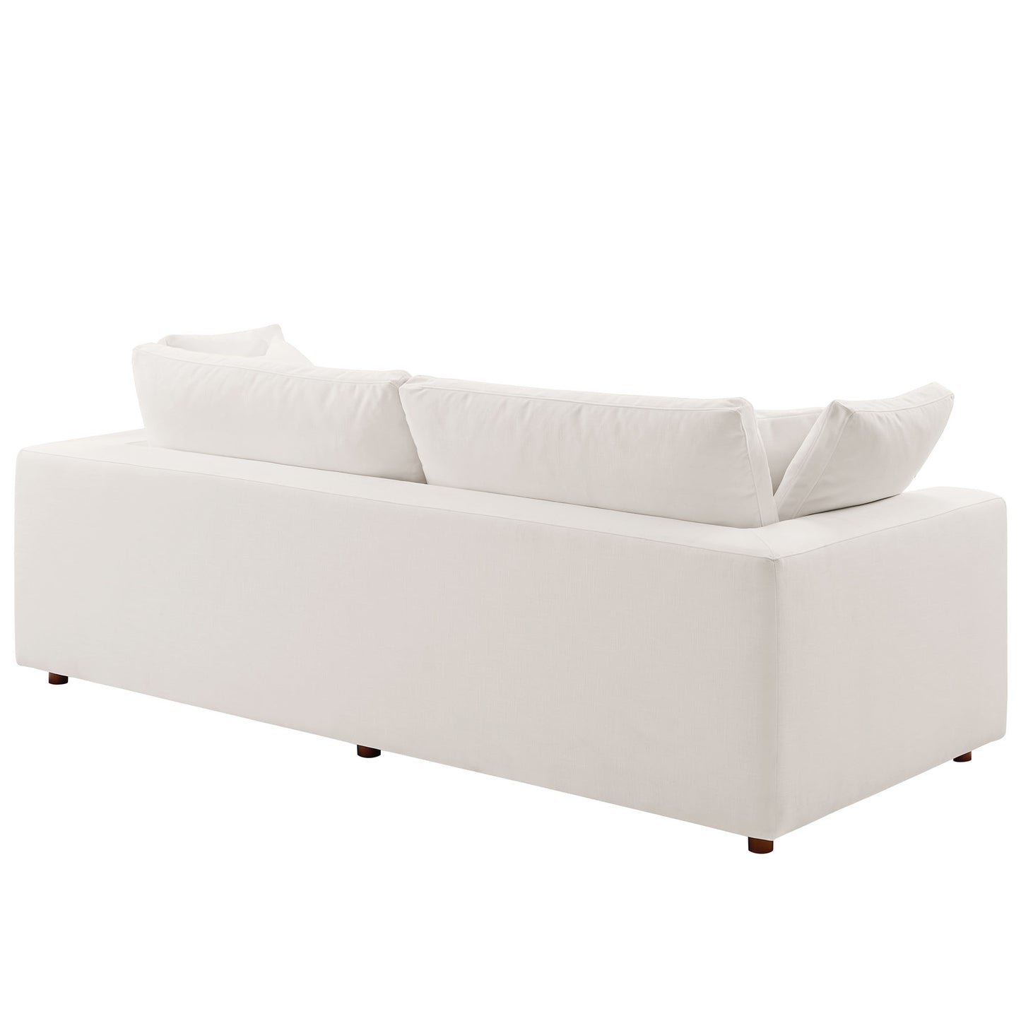 Ivory fabric sofa with three back cushions, low arms and wooden feet for a modern living room.
