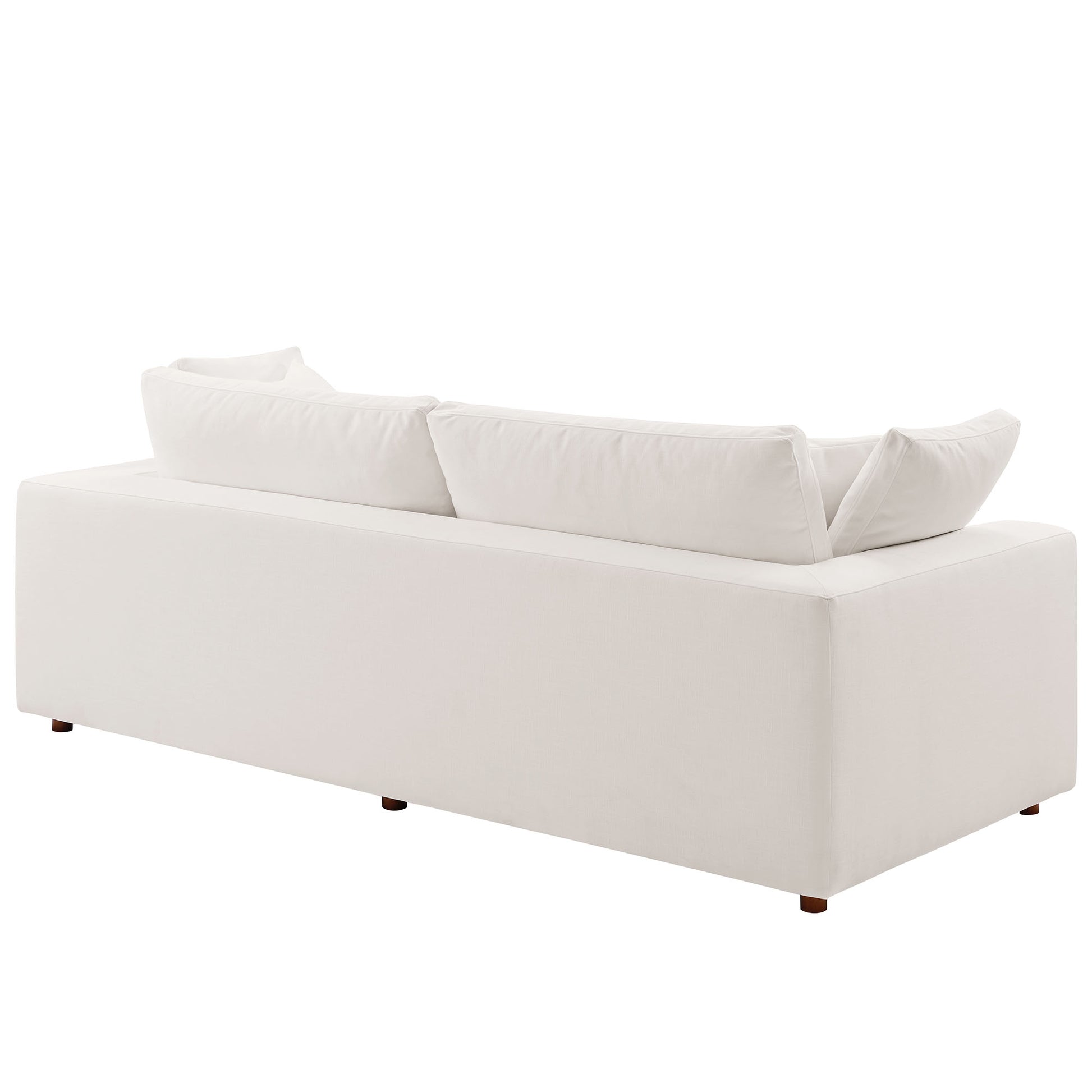 Ivory fabric sofa with three back cushions, low arms and wooden feet for a modern living room.