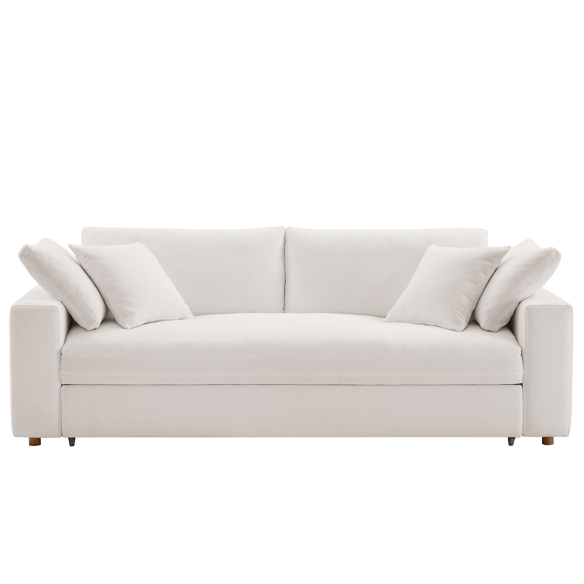 White fabric sleeper sofa with four matching cushions, clean modern lines, low square arms and wooden legs.