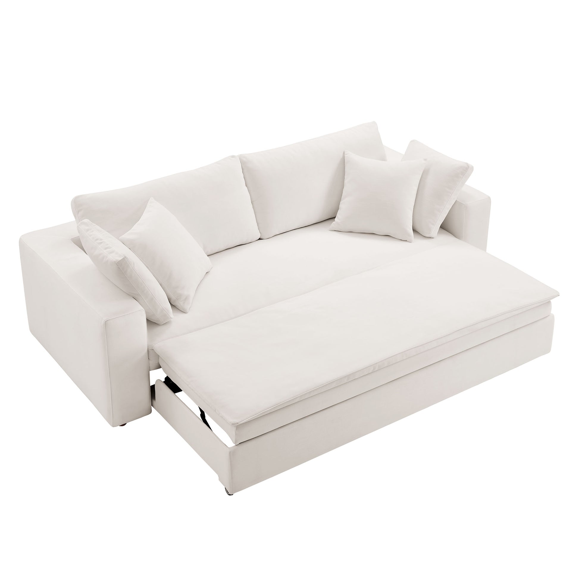 Ivory fabric sleeper sofa with built-in pull-out bed and plush cushions, modern square-arm design.