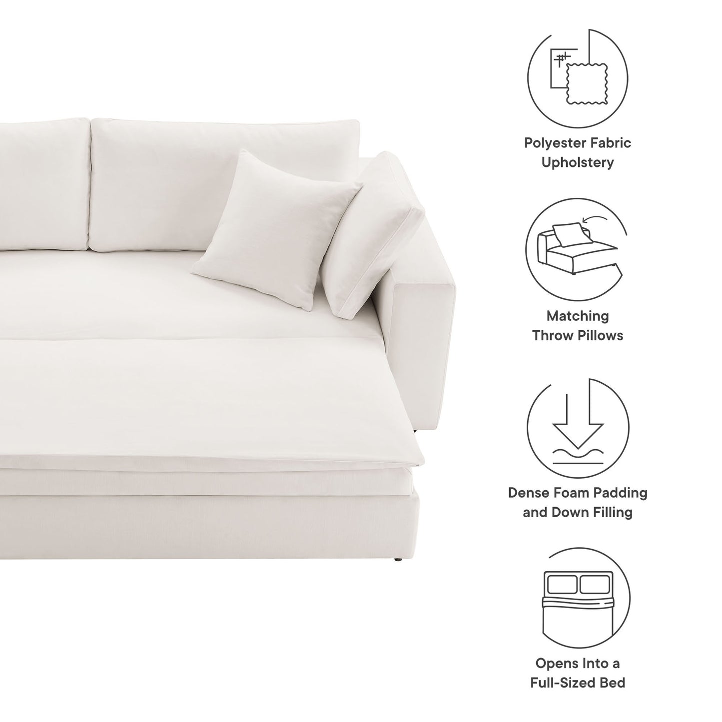 White sofa with matching pillows, polyester fabric upholstery; dense foam padding and down filling; opens into a full bed.