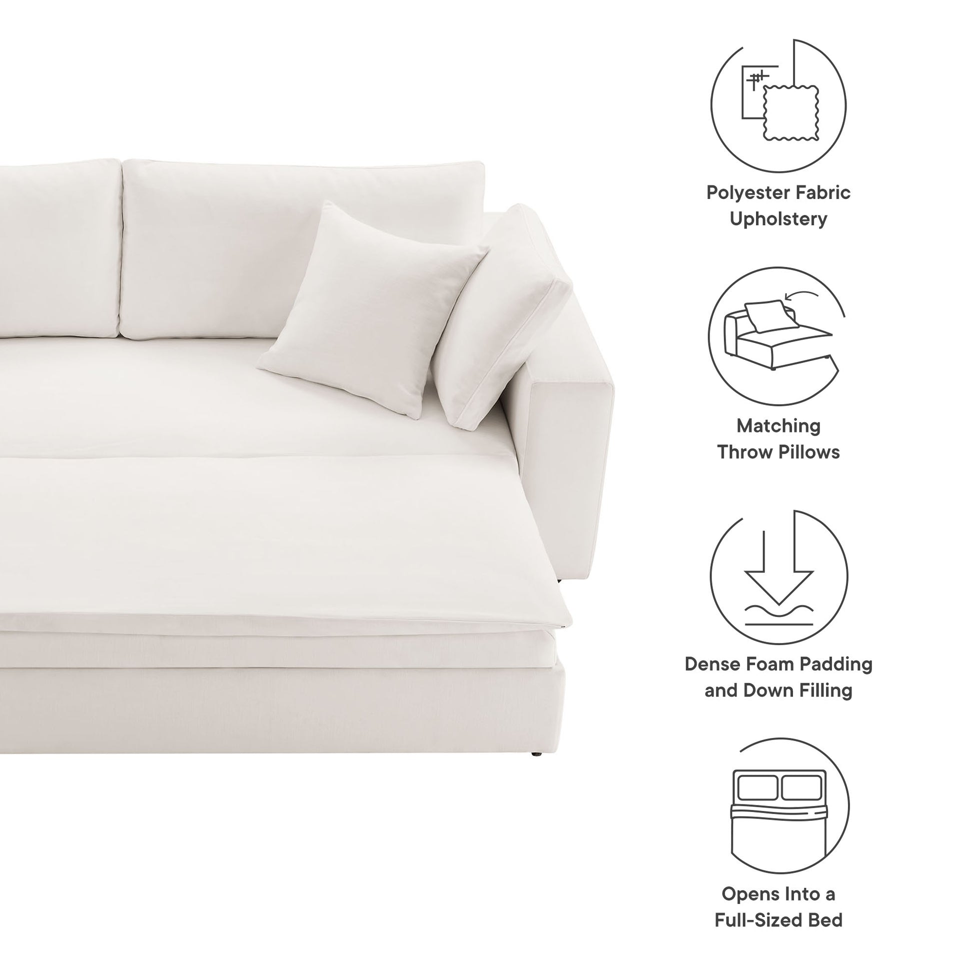 White sofa with matching pillows, polyester fabric upholstery; dense foam padding and down filling; opens into a full bed.