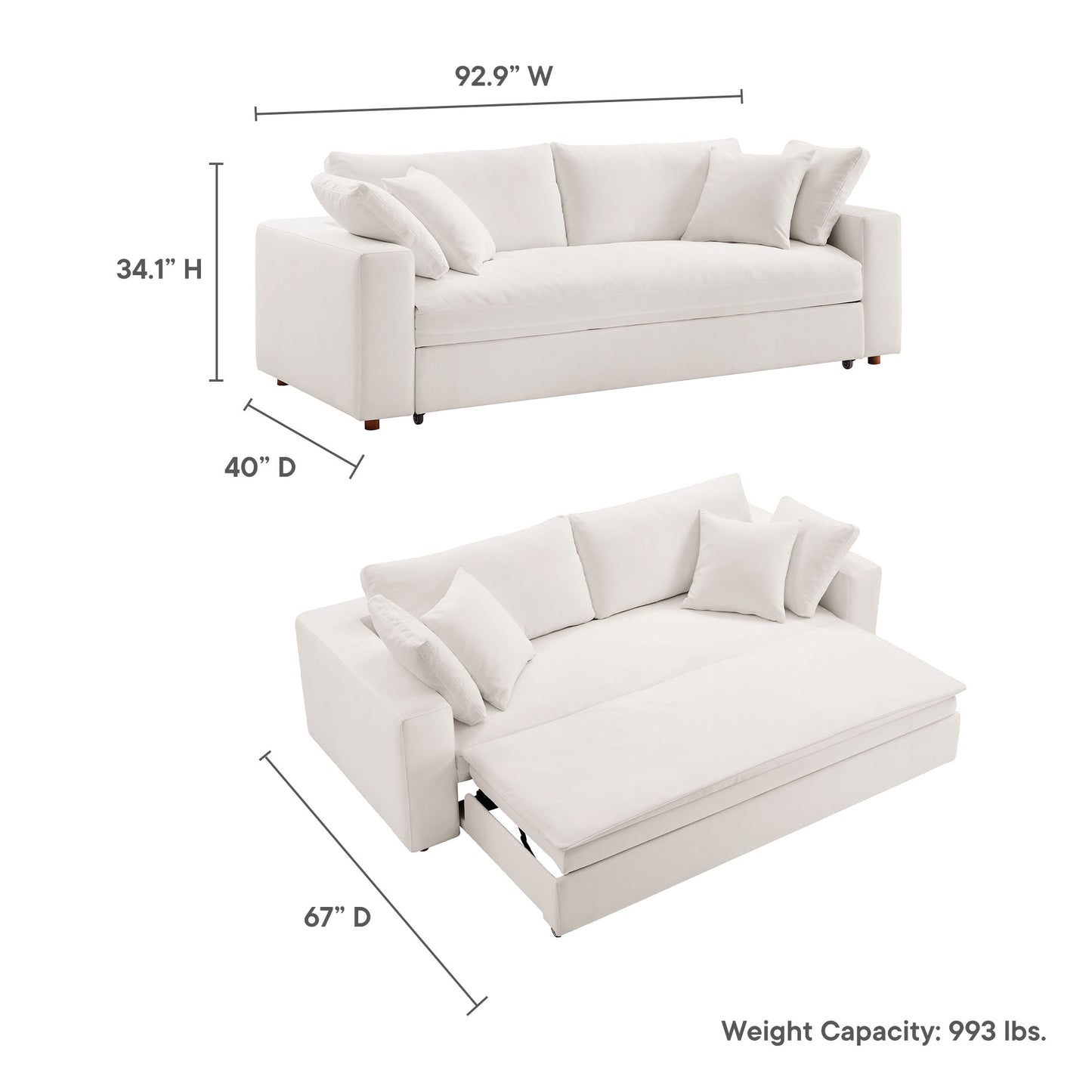 Cream modern sleeper sofa with cushions; pull-out bed extends to 67 in, 92.9 in wide, 34.1 in high, 40 in deep.