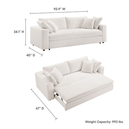 Cream modern sleeper sofa with cushions; pull-out bed extends to 67 in, 92.9 in wide, 34.1 in high, 40 in deep.
