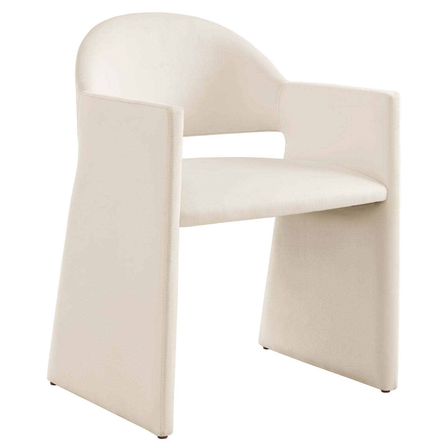 Brown velvet dining armchair with a rounded back and cushioned seat.