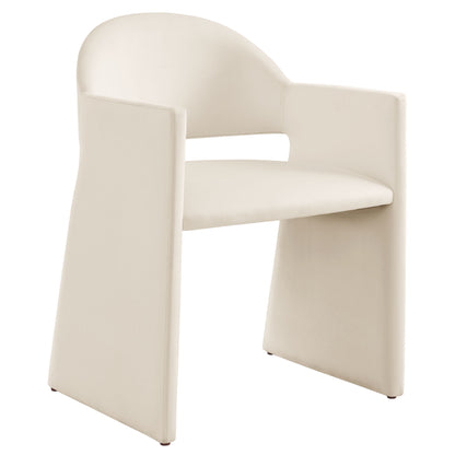 Brown velvet dining armchair with a rounded back and cushioned seat.