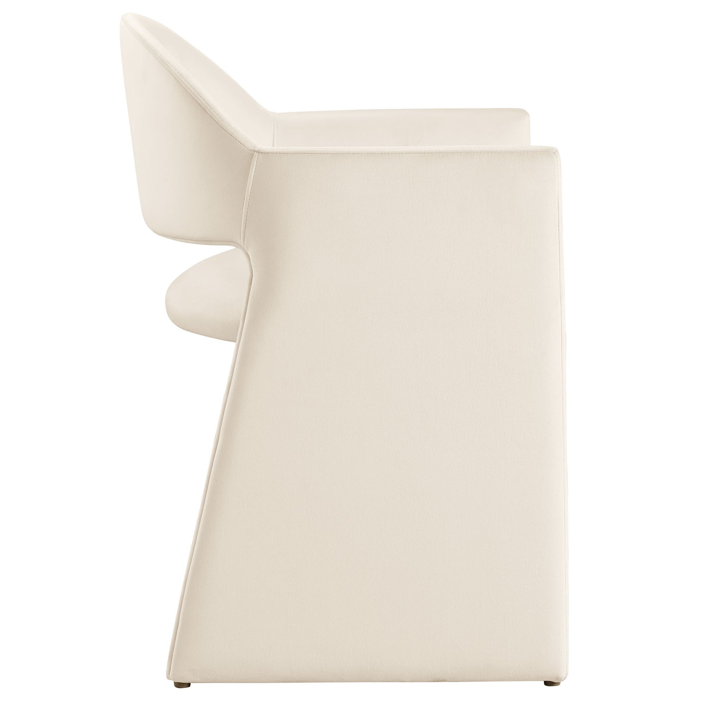 Brown velvet dining armchair with a high back, integrated arms, and sculpted side profile.
