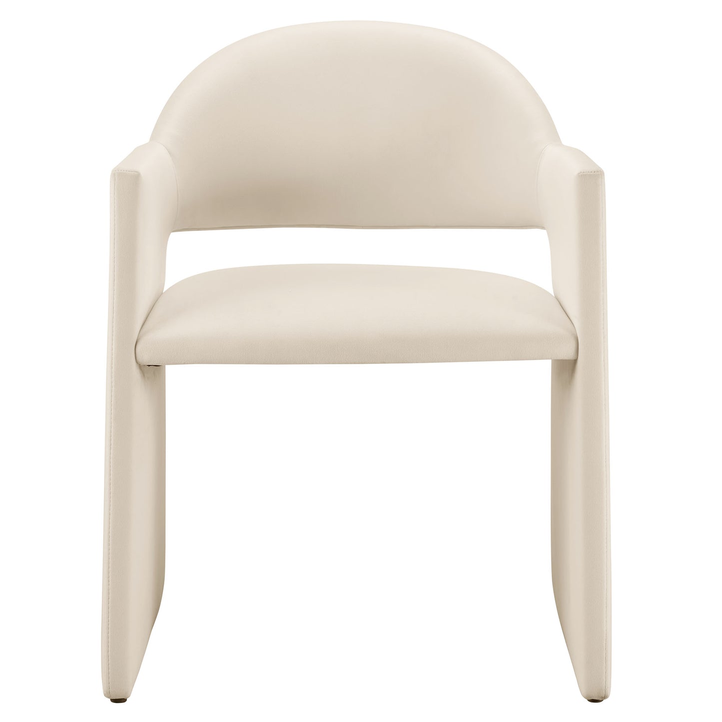 Brown performance velvet dining armchair with a rounded back, curved arms and a cushioned seat.