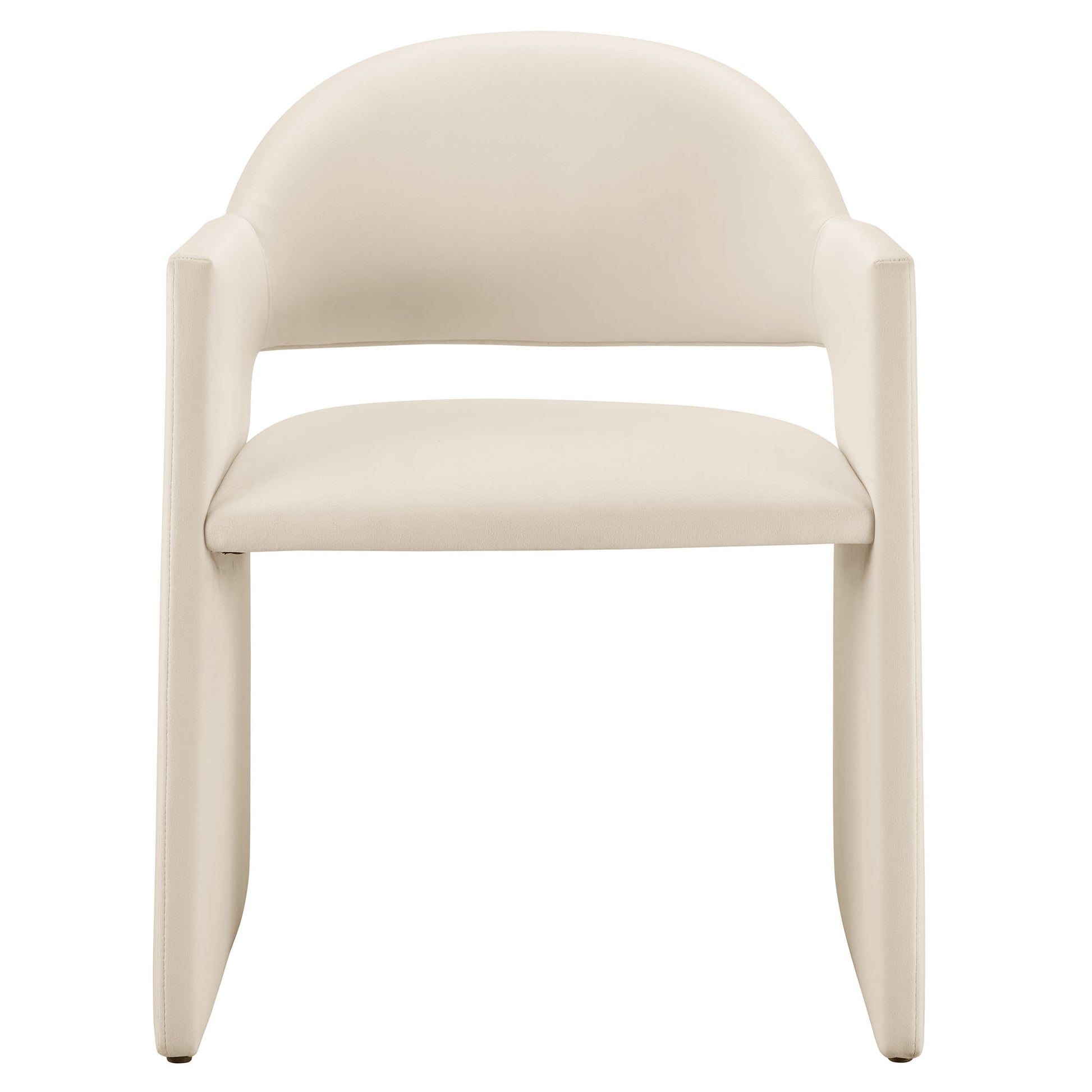 Brown performance velvet dining armchair with a rounded back, curved arms and a cushioned seat.