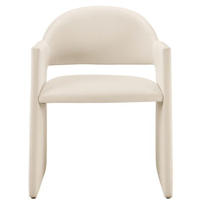Brown performance velvet dining armchair with a rounded back, curved arms and a cushioned seat.