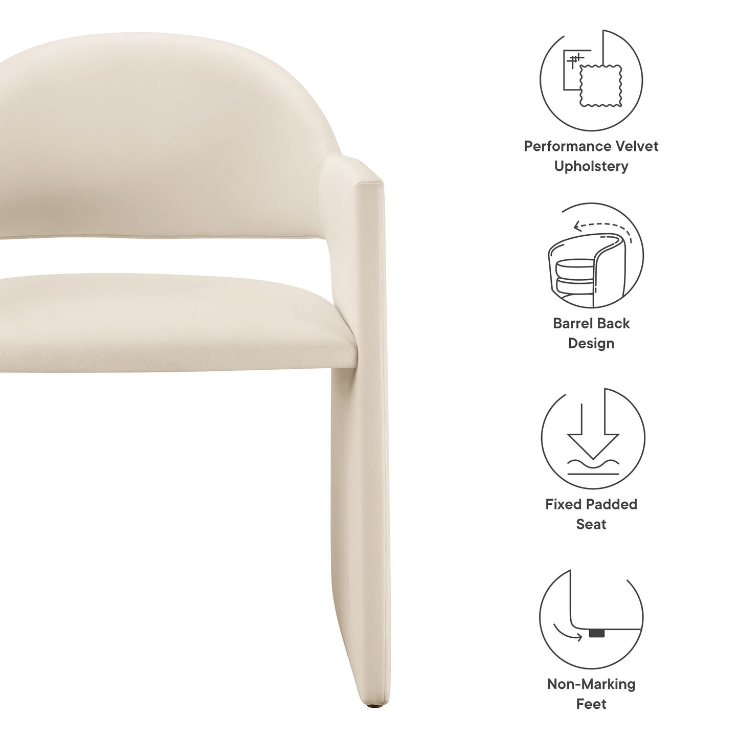 Brown performance velvet upholstered dining armchair with barrel back design, fixed padded seat, and non-marking feet.