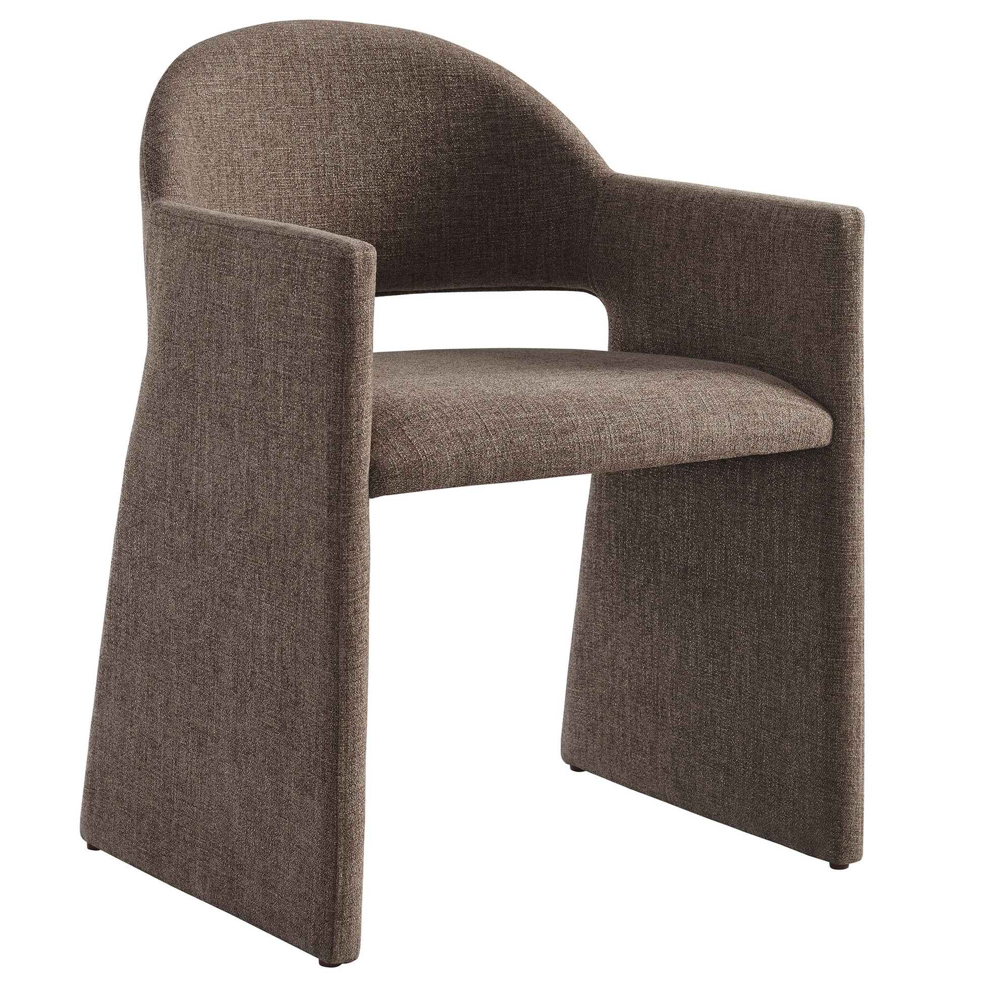 Brown textured fabric dining armchair with rounded back and solid side panels.