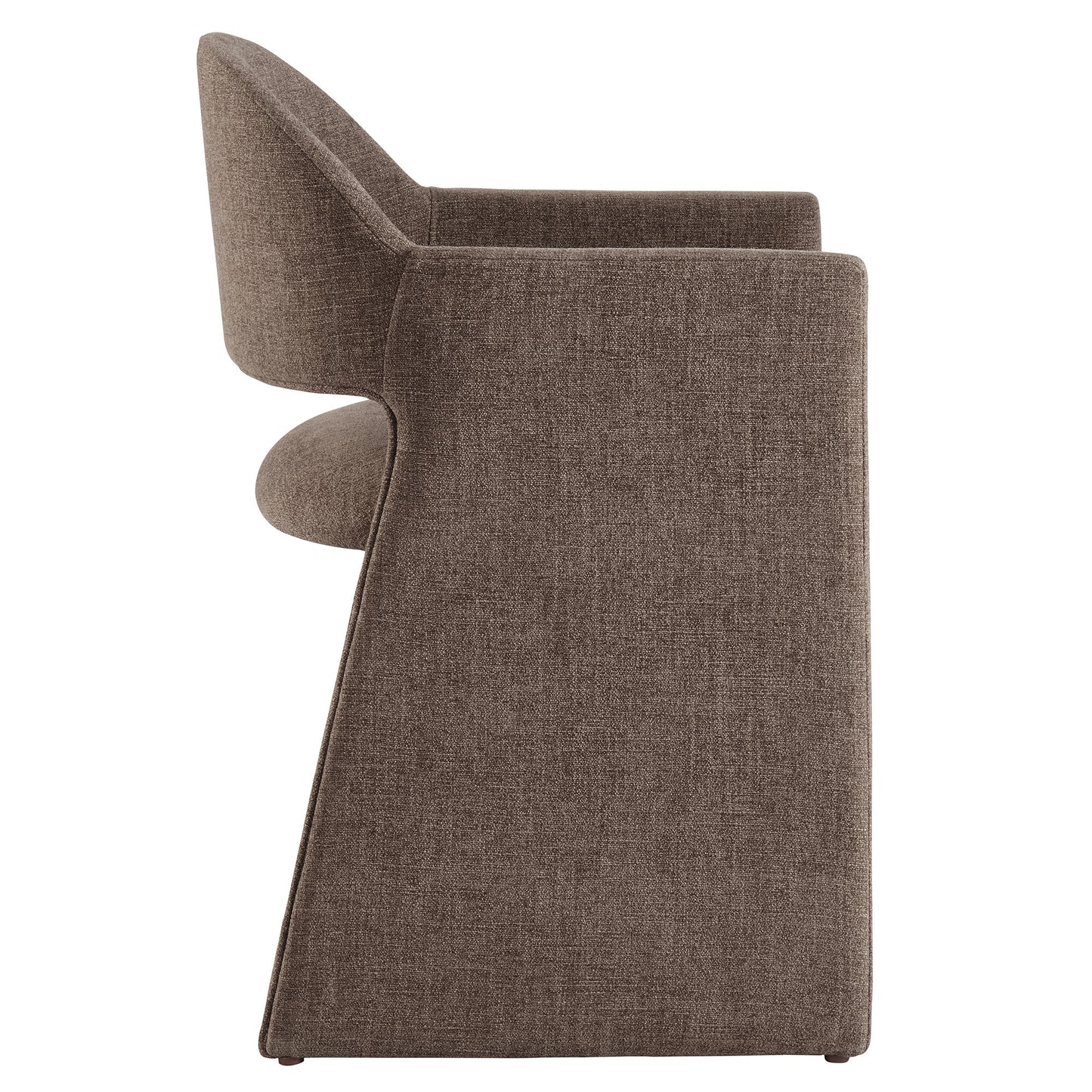 Brown textured fabric dining armchair, side view with a tall curved back and rounded armrests; modern dining seating