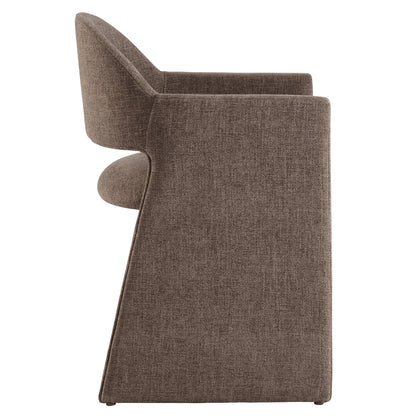 Brown textured fabric dining armchair, side view with a tall curved back and rounded armrests; modern dining seating