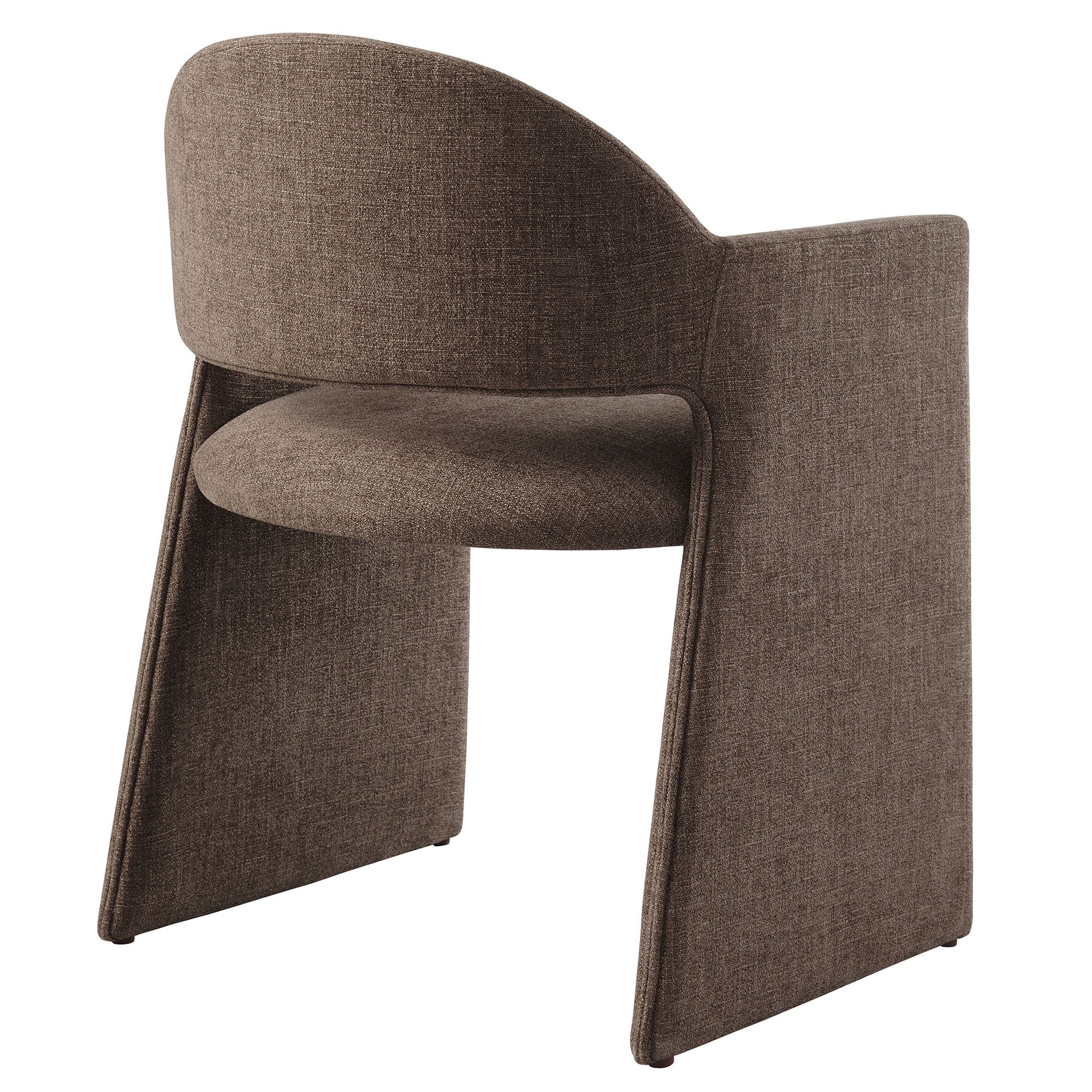 Brown textured fabric dining armchair with curved back and wide side-panel legs, modern sculptural design.