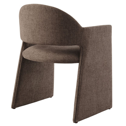 Brown textured fabric dining armchair with curved back and wide side-panel legs, modern sculptural design.