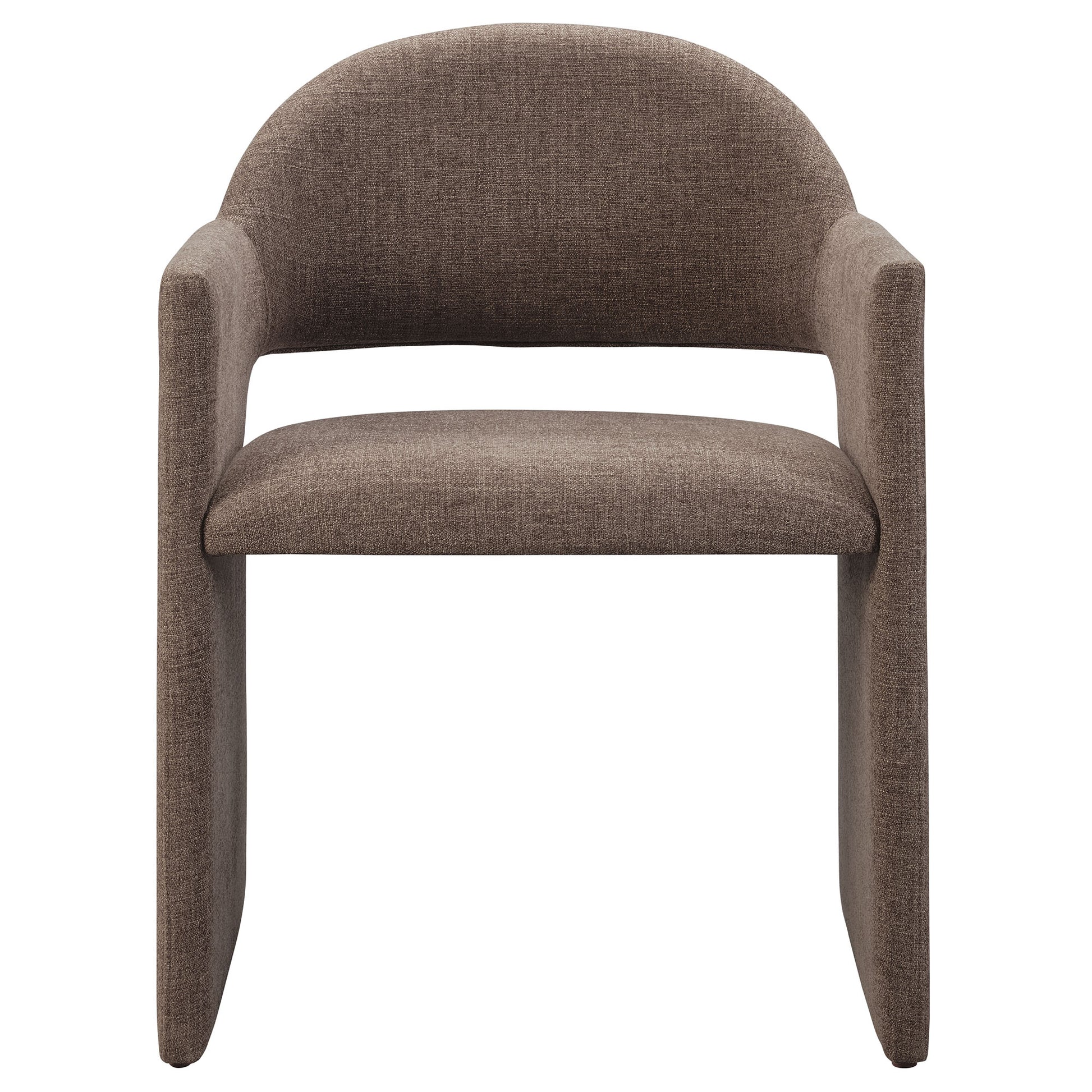 Brown upholstered fabric dining armchair with a rounded back and curved armrests.