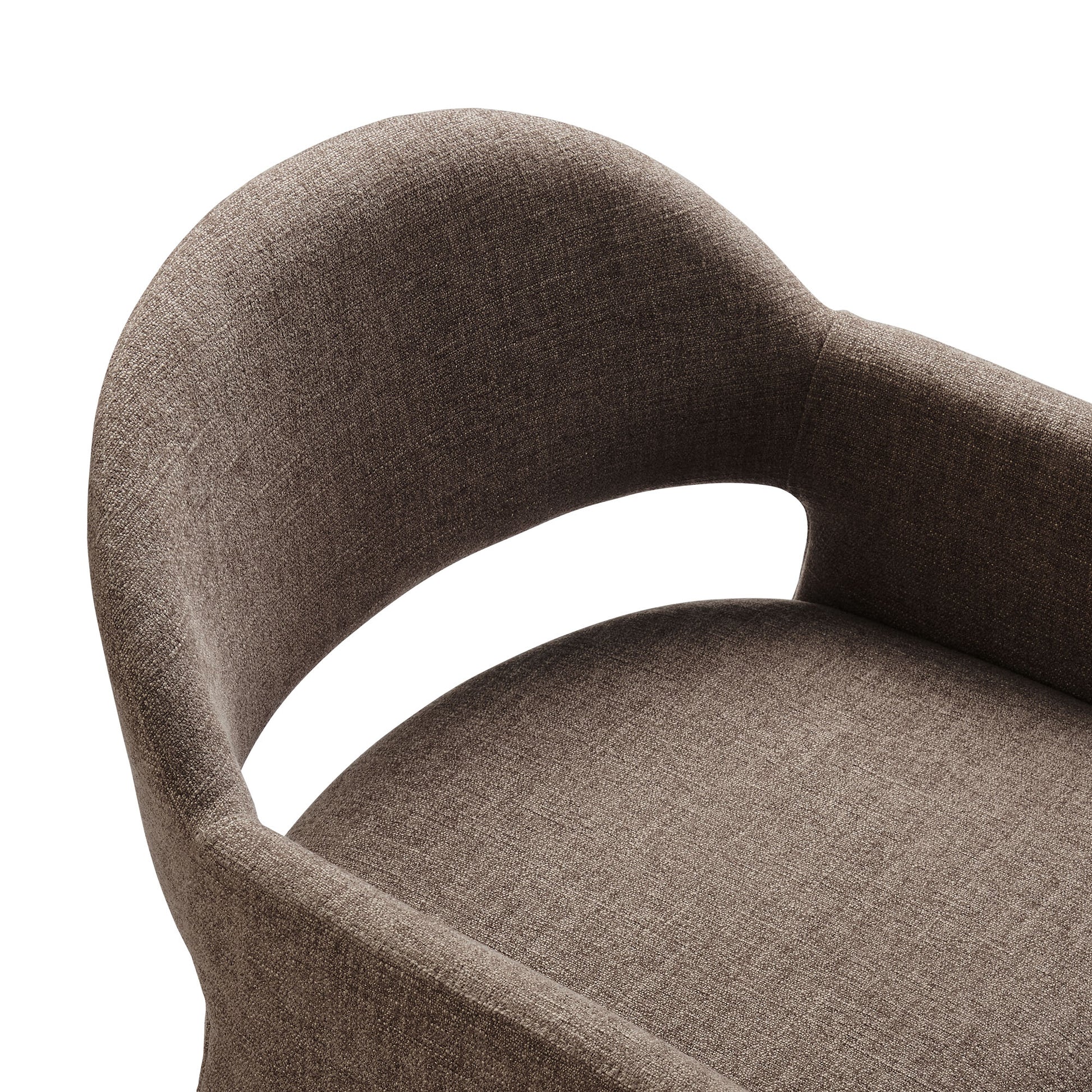 Taupe-brown woven fabric dining armchair with rounded back and curved armrests, mid-century style.