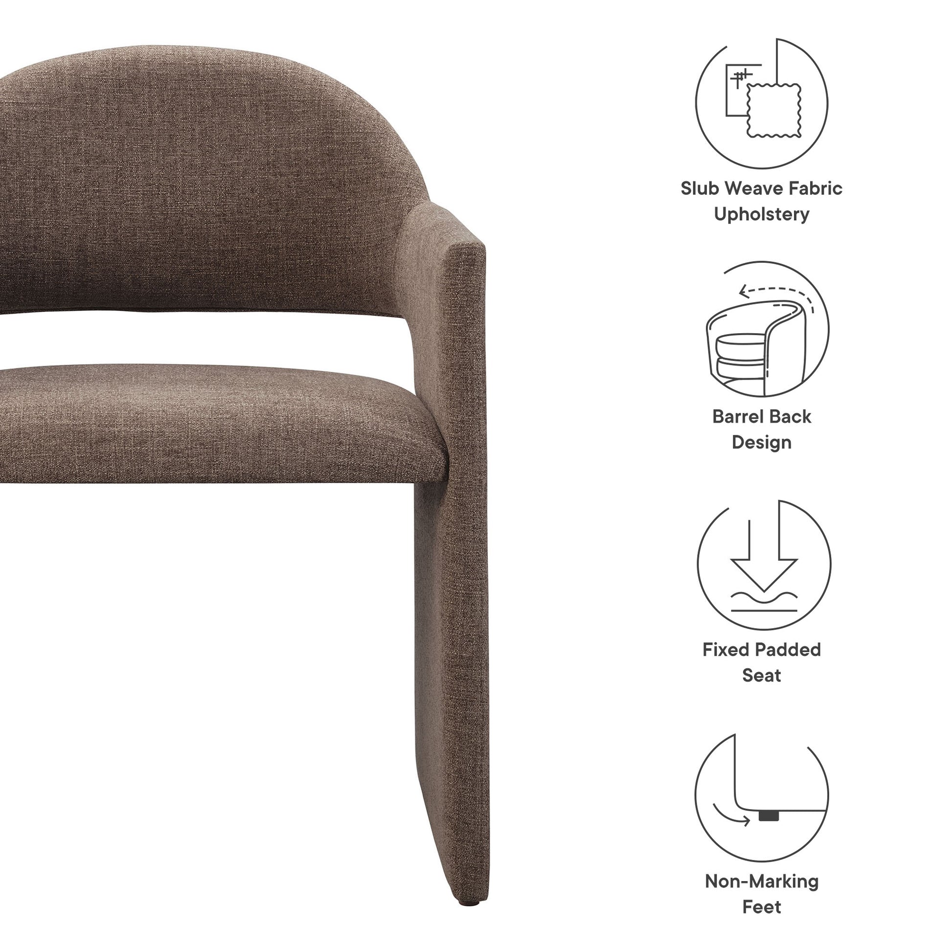 Brown slub-weave fabric barrel-back chair with curved arm, fixed padded seat, and non-marking feet.