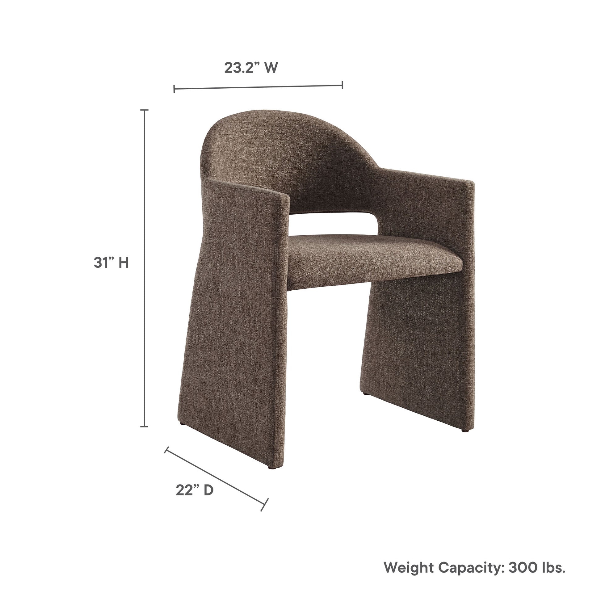 Brown textured fabric dining armchair with curved back and wraparound side panels; contemporary seating.