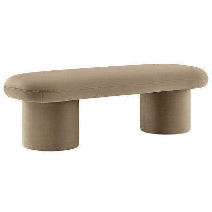 Taupe upholstered bench with two cylindrical legs and rounded rectangular seat; mid-century modern style.