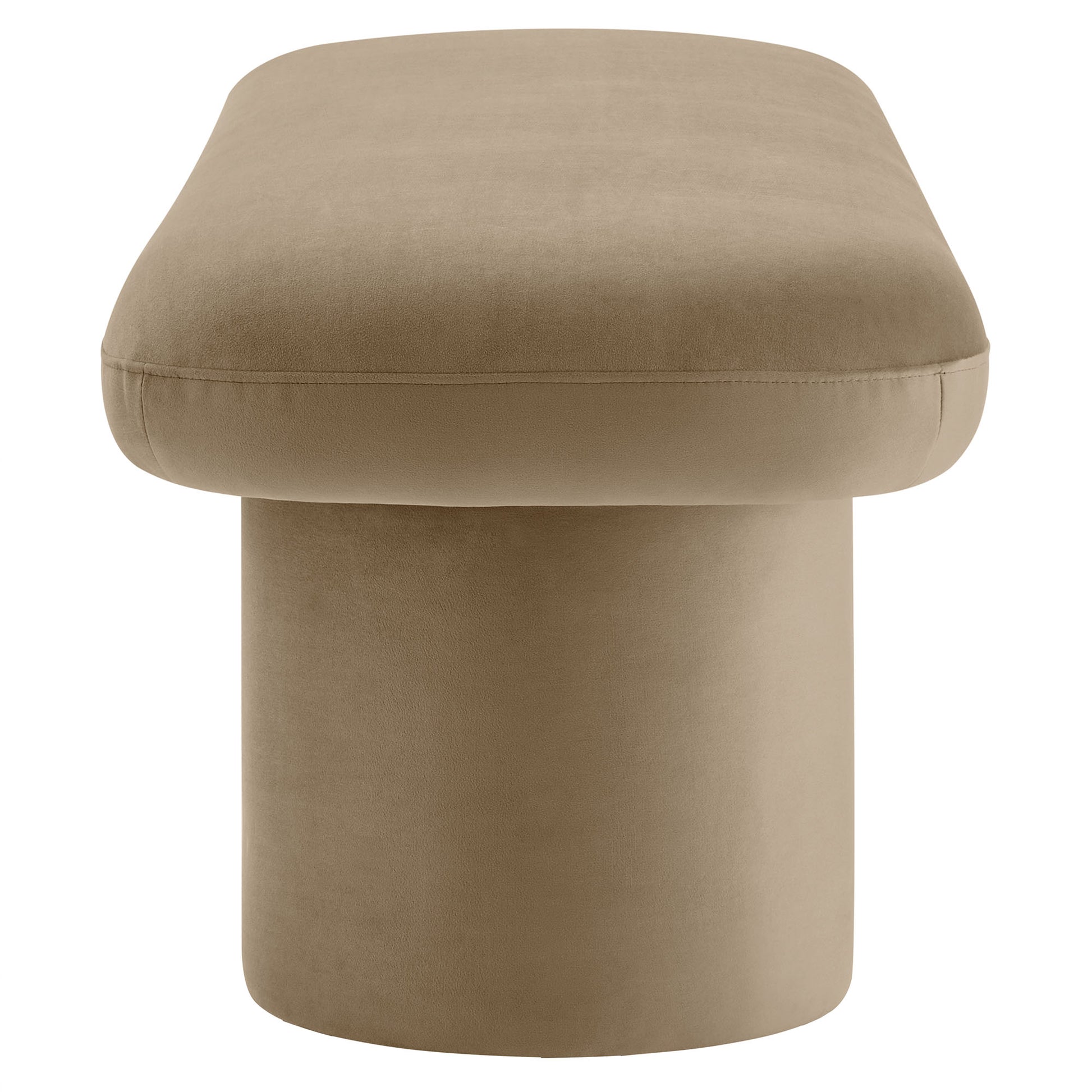 Taupe velvet bench with a wide, rounded top and cylindrical pedestal base.