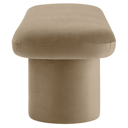 Taupe velvet bench with a wide, rounded top and cylindrical pedestal base.