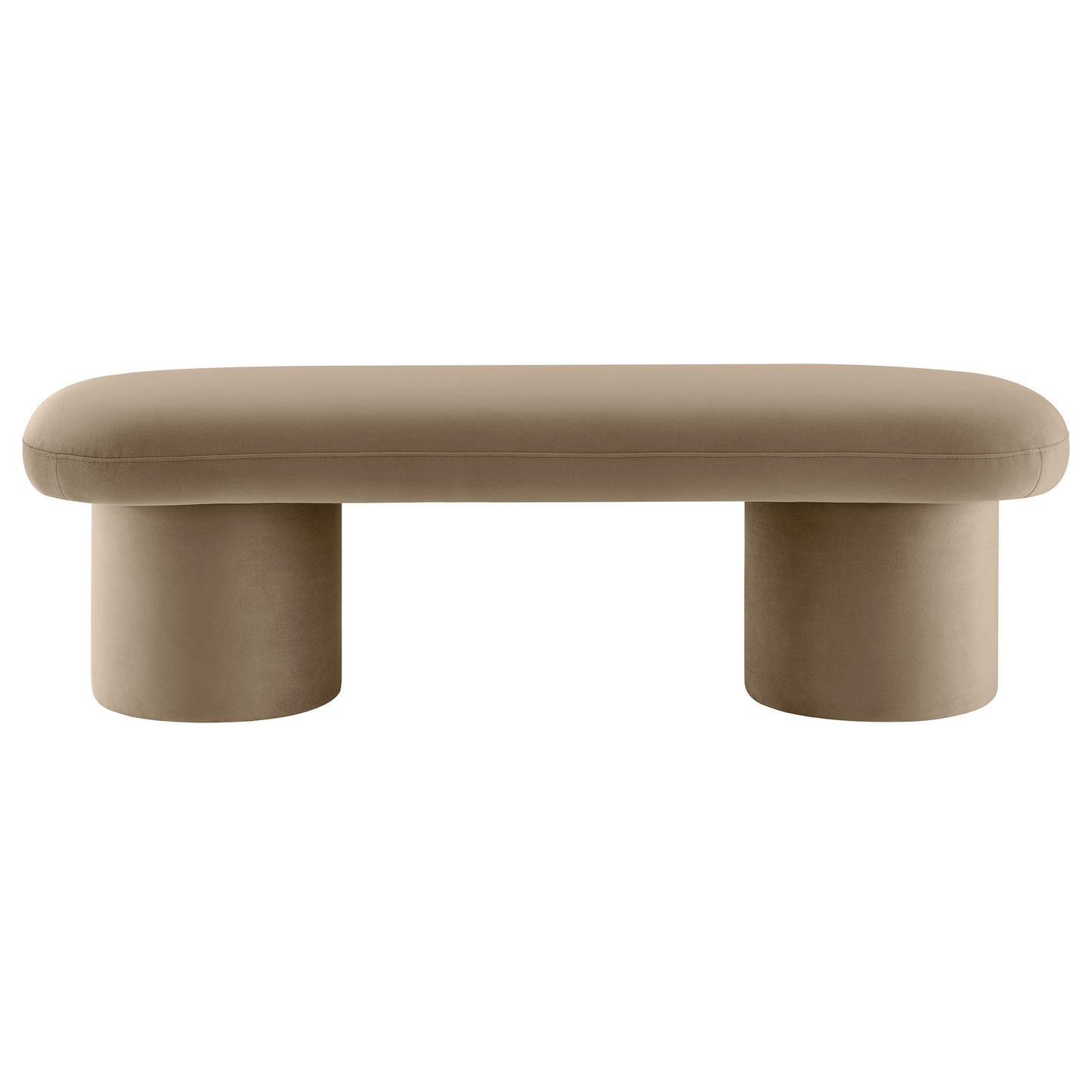 Taupe upholstered bench with a long rounded cushion and two chunky cylindrical legs.
