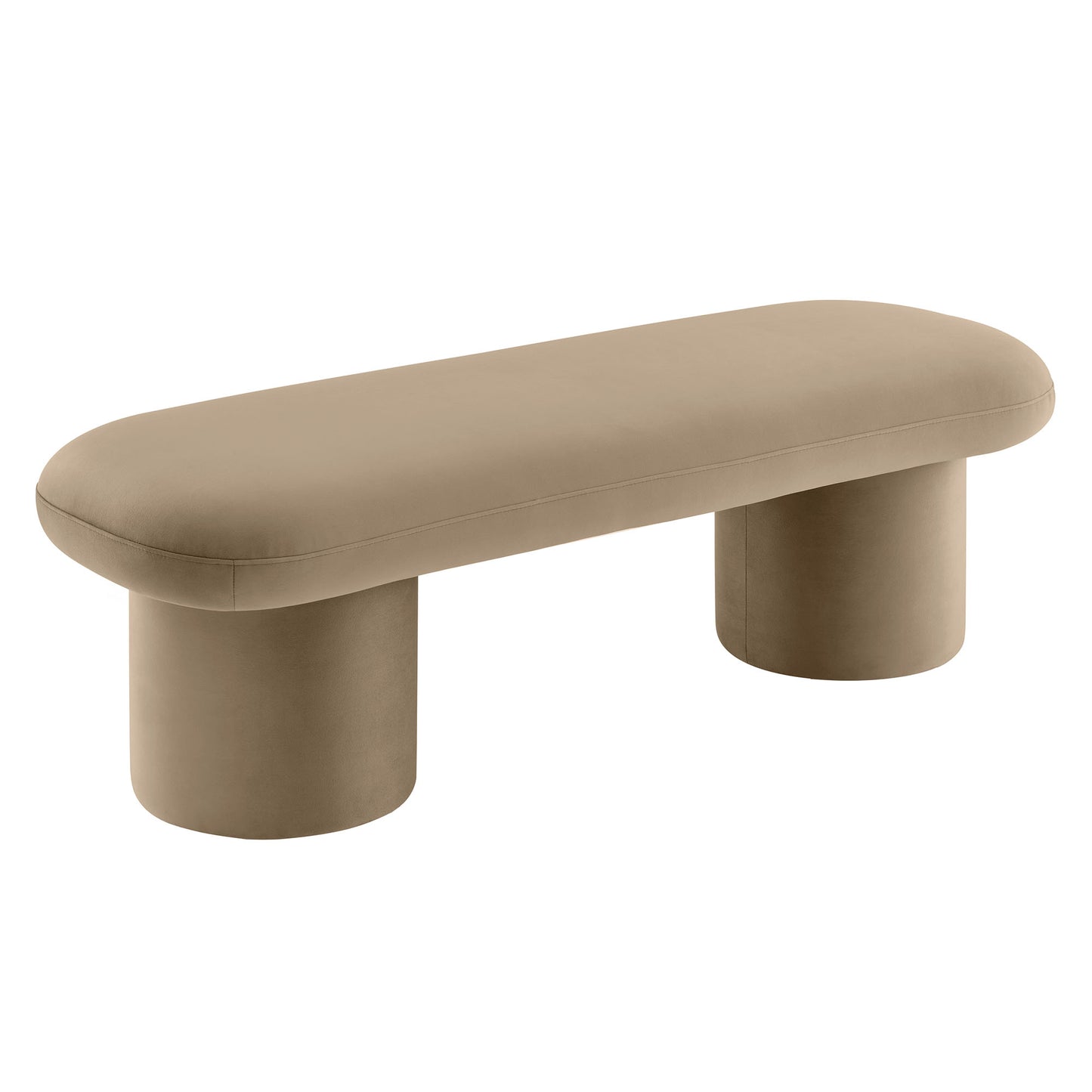 Taupe velvet upholstered bench with a rounded oval seat and two cylindrical pedestal legs.