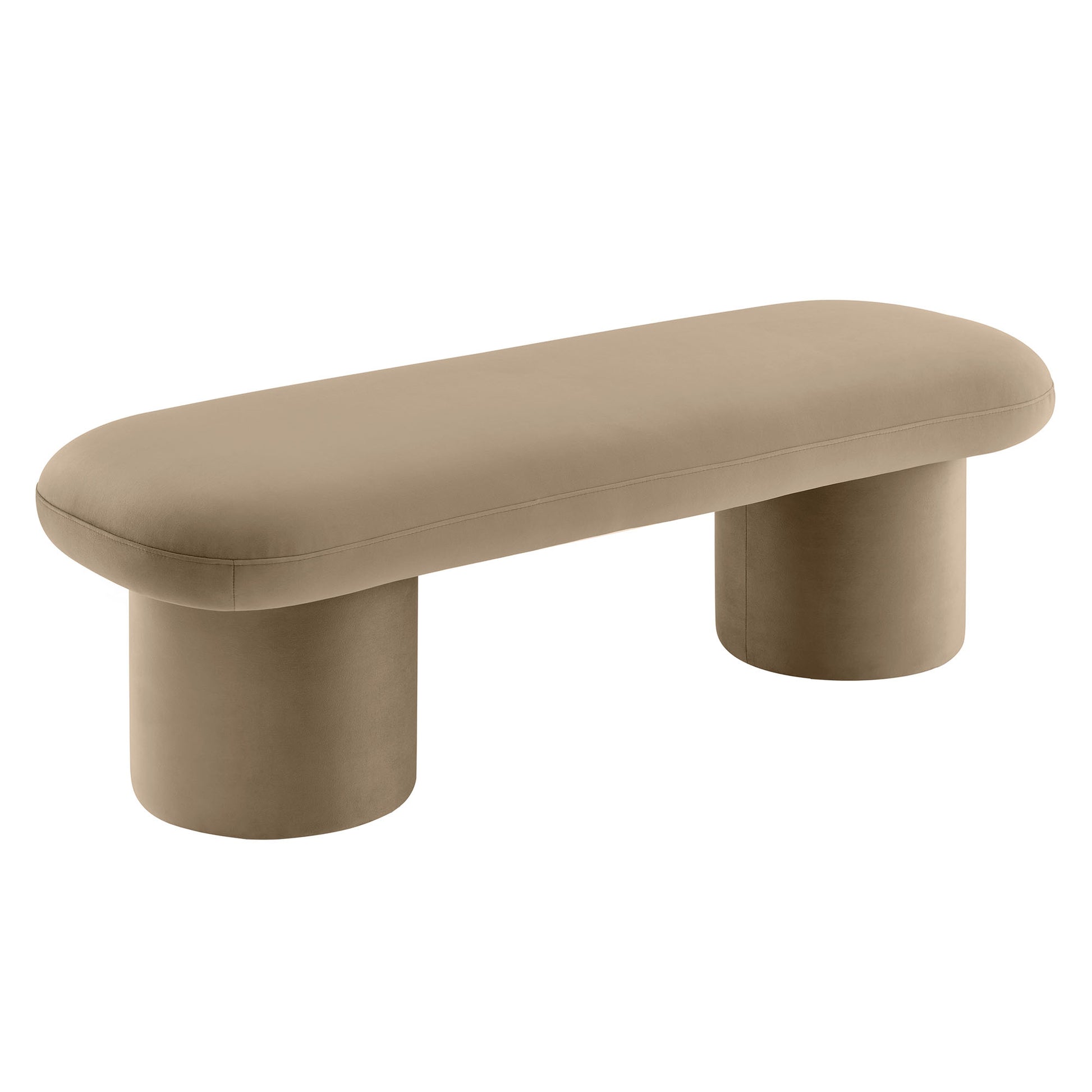 Taupe velvet upholstered bench with a rounded oval seat and two cylindrical pedestal legs.