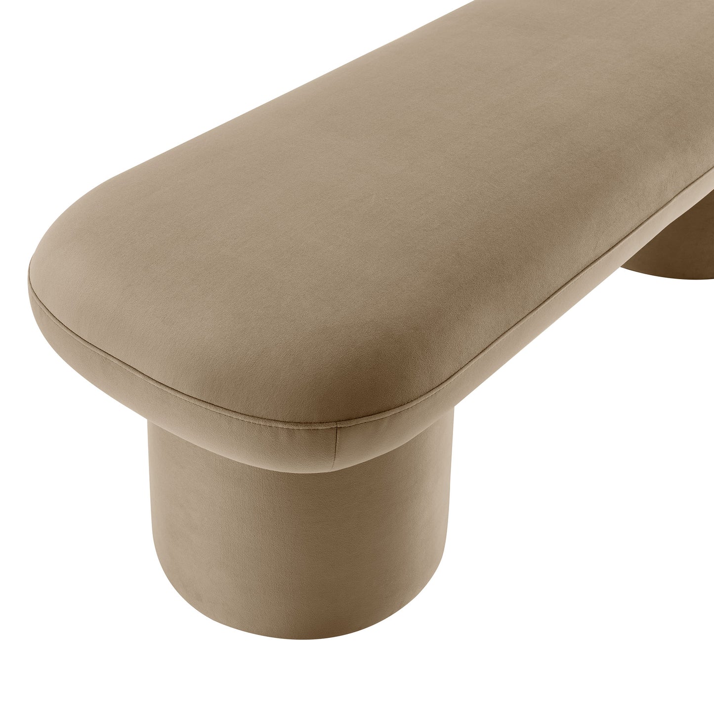 Taupe velvet upholstered bench with a rounded top and cylindrical pedestal base for modern seating.