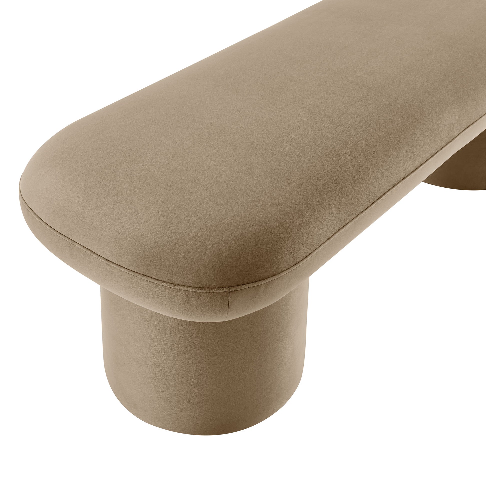 Taupe velvet upholstered bench with a rounded top and cylindrical pedestal base for modern seating.