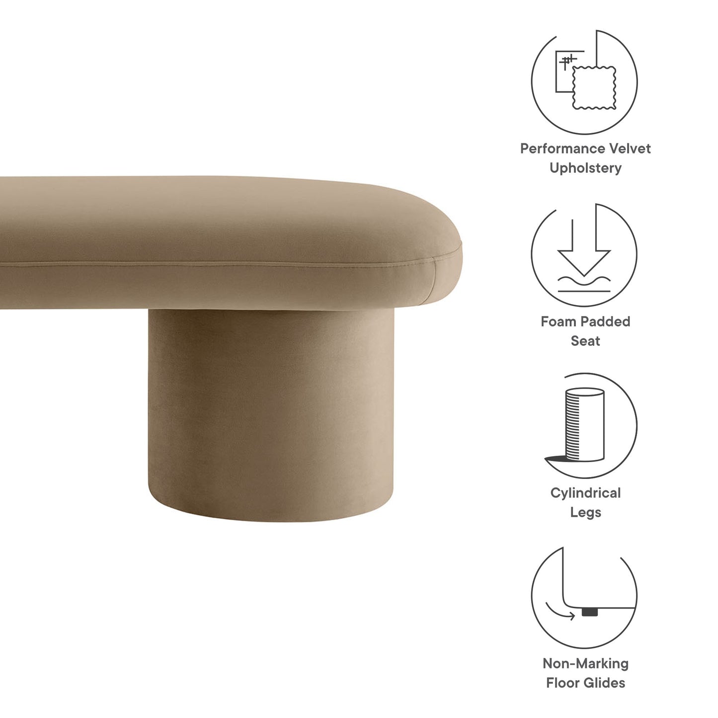 Brown velvet upholstered bench with foam-padded seat.