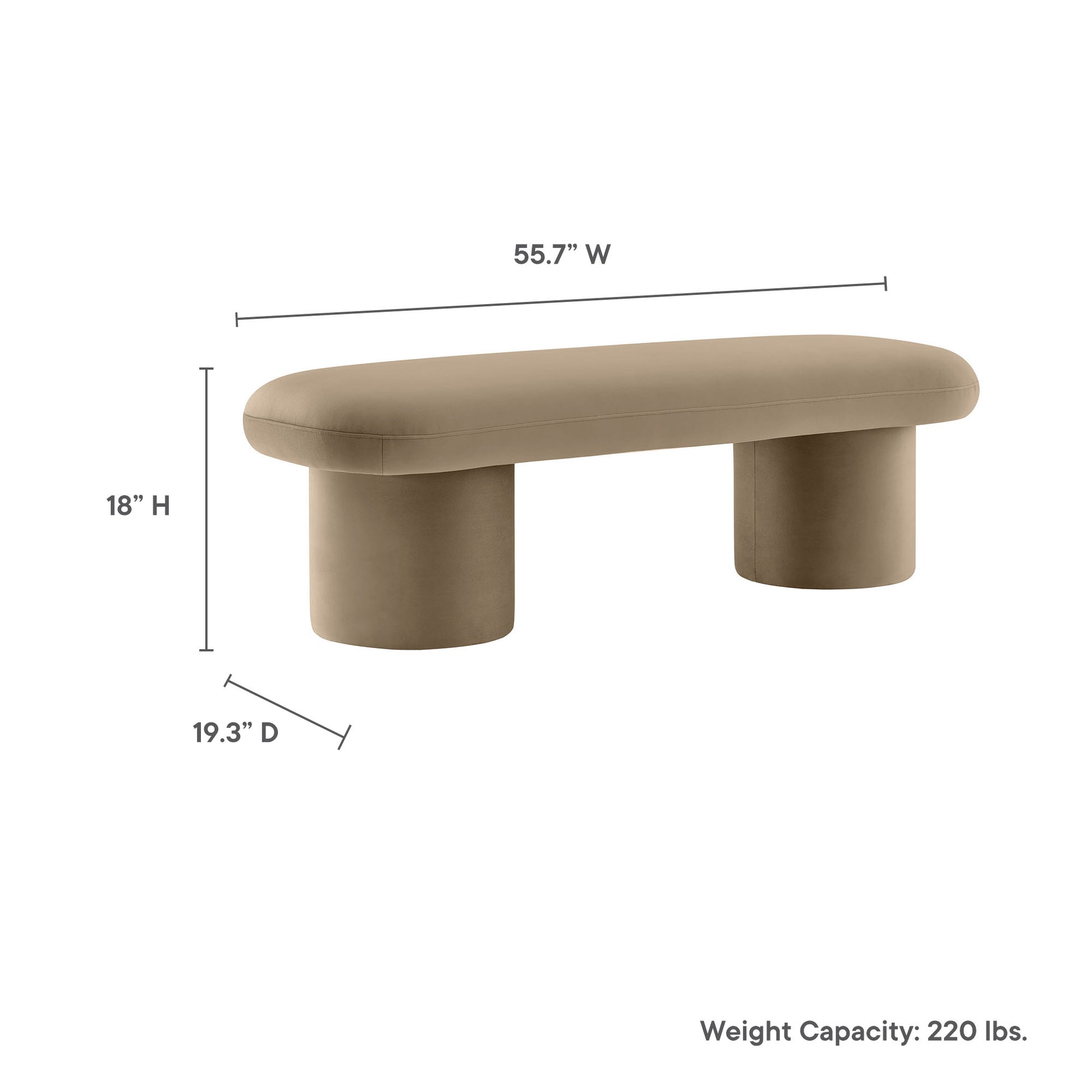 Taupe fabric upholstered bench with two rounded cylinder legs; modern minimalist seating, 55.7"W x 18"H x 19.3"D.