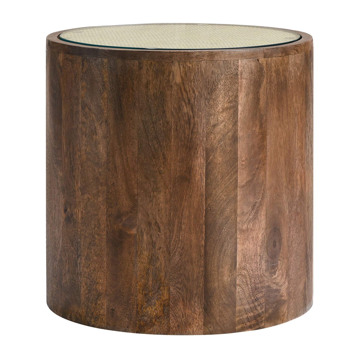 Round wood rattan side table.